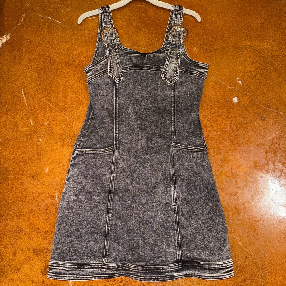 Washed Black Denim Mini Dress with buckle straps